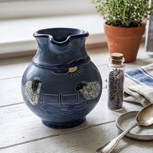 Może przedstawiać: Ciemnoniebieski ceramiczny dzbanek z ręcznie malowaną sceną przedstawiającą dwie białe owce na polu z płotem i żółtym słońcem. Dzbanek ma zaokrąglony korpus, szeroki dzióbek oraz błyszczące wykończenie z wyraźnymi detalami artystycznymi.