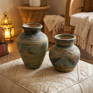 May include: Two decorative ceramic vases with a weathered, textured finish in shades of deep blue, green, and earthy brown. Both vessels feature a wide, rounded body, a narrow neck, and a flared rim, adorned with geometric patterns and horizontal bands.