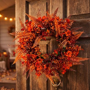 May include: A circular wreath featuring a dense arrangement of artificial fern fronds and small flowers in shades of burnt orange, deep red, and rust. The foliage radiates outward from the center, creating a textured, layered appearance.