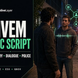 May include: A digital graphic for a FiveM NPC script featuring the text AliveLayer, FIVEM NPC SCRIPT, MEMORY, DIALOGUE, POLICE, QBCORE, ESX, QBOX. The image shows two individuals standing on a city pavement at night with a glowing green sound wave.
