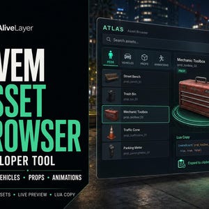 May include: A digital interface titled AliveLayer FiveM Asset Browser Developer Tool displaying a list of game assets including a red mechanic toolbox, street bench, trash bin, traffic cone, and parking meter with a Lua code copy function.
