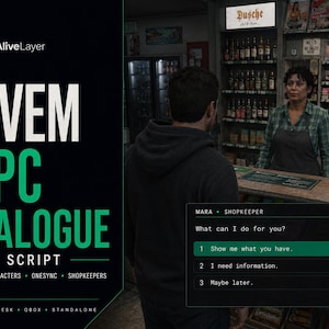 May include: A digital interface for a FiveM NPC dialogue script featuring a black background with green text. The display shows a shopkeeper named Mara behind a counter, with a menu offering options: Show me what you have, I need information, and Maybe later.