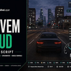 Puede incluir: Una interfaz de script FiveM HUD digital con un tema oscuro y acentos verdes. La pantalla muestra un coche conduciendo por una calle, un velocímetro, indicadores de estado del vehículo, salud, hambre, sed, ubicación y hora.