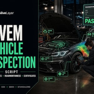 May include: A digital graphic for a FiveM vehicle inspection script by AliveLayer. The image features a dark grey car with an open hood, overlaid with green diagnostic icons and a Roadworthiness Certificate displaying PASS status.