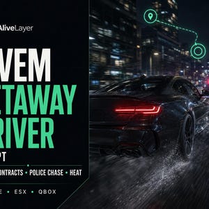 Könnte beinhalten: Eine digitale Grafik für ein FiveM Getaway Driver Skript von AliveLayer. Die linke Seite zeigt weißen und grünen Text auf schwarzem Hintergrund. Die rechte Seite zeigt einen schwarzen Sportwagen auf einer nassen Straße bei Nacht mit Blaulicht.