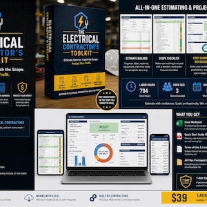 Op de afbeelding: De Electrical Contractor's Toolkit is een digitaal softwarepakket voor het schatten en prijzen van projecten. Het bevat een Excel-werkmap, een PDF-snelstartgids en licentievoorwaarden. De interface toont projectdashboards, arbeidsuren, teamgrootte en duurstatistieken op een laptop en mobiele apparaten.