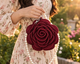 Crochet Rose Handbag Pattern, 3D Flower Purse, DIY Bag (PDF Download)