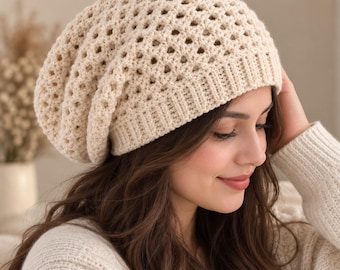 Crochet Slouchy Beanie Pattern, Lacy Crochet Hat PDF, Ribbed Brim, Digital Download