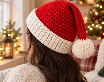 Easy Crochet Santa Hat Pattern, Red & White Pompom, Christmas Tutorial (PDF Download)