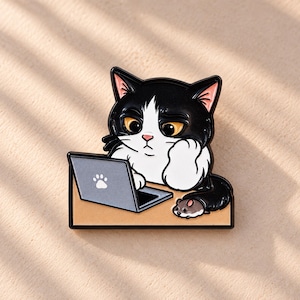 Cute Working Cat Enamel Pin, Black White Cat Laptop Brooch, Funny Office Cat Pin, Programmer Gift, Remote Worker Gift, Cat Lover Pin