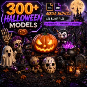 Könnte beinhalten: Eine digitale Sammlung von über 300 Halloween-Modellen mit 3D-druckbaren Dateien. Das Bild zeigt einen leuchtenden Kürbis, ein Gespenst, einen Totenkopf, eine Vampirfigur, einen Kessel mit violetter Flüssigkeit, eine Eishockeymaske und einen Grabstein.