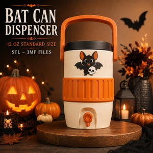 May include: A cream-colored cylindrical beverage dispenser with an orange handle and a matching orange ribbed middle band. The dispenser features a graphic of a black bat holding a white skull and a small orange spigot. Text reads BAT CAN DISPENSER 12 OZ STANDARD SIZE STL - 3MF FILES.