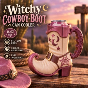 May include: A beige and dark pink cowboy boot-shaped can cooler for 16 oz cans. The boot features a curved toe, a handle, a buckle strap, and embossed moon, star, and spiderweb designs. Text on the image reads Witchy Cowboy Boot Can Cooler.