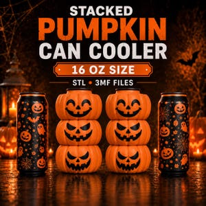 May include: Two black can coolers with orange Halloween patterns featuring pumpkins, ghosts, and spiderwebs, alongside two stacks of three orange pumpkin-shaped containers. Text reads: STACKED PUMPKIN CAN COOLER 16 OZ SIZE STL 3MF FILES.