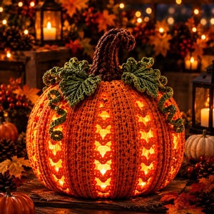 Crochet Pumpkin Lantern Light, Fall Home Decor, Handmade Knit Pumpkin Lamp, Autumn Mantel Decor, Cozy Thanksgiving Table Centerpiece