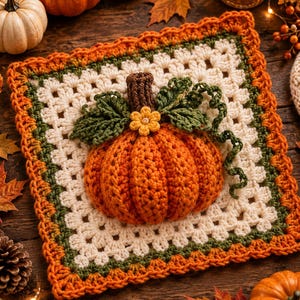 May include: A square crochet granny square featuring a three-dimensional orange pumpkin in the center. The pumpkin has a brown stem, green leaves, and a small yellow flower. The square border is worked in cream, green, and orange yarn colors.
