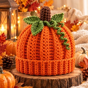Puede incluir: Un gorro de ganchillo de color naranja brillante diseñado para parecerse a una calabaza. El gorro presenta una textura acanalada, un tallo de ganchillo marrón en la parte superior y dos hojas verdes con un zarcillo verde rizado.