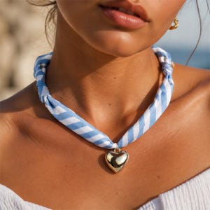 Handmade Striped Fabric Scarf Necklace, Heart CCB Pendant Multi-use Vacation Choker