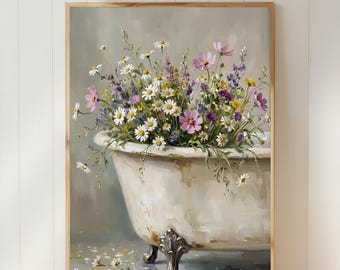 Kunstdruck für die Badewanne mit Wildblumenmotiv, Gänseblümchen-Poster, Wanddekoration für eine Badewanne im Vintage-Stil