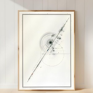 May include: A framed abstract print on a white background featuring a diagonal black line intersecting a series of concentric circles. The composition includes scattered black ink-like dots, fine horizontal lines, and small red and blue accents.