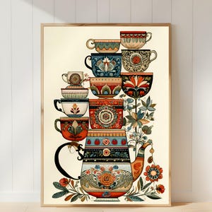 May include: A vertical art print featuring a stack of various patterned teacups and bowls balanced atop a large, ornate teapot. The illustration displays a rich colour palette of red, blue, green, and cream, accented with intricate floral and geometric motifs.