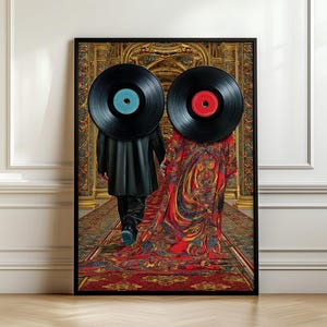 Vinyl Record Heads Poster, Surreal Music Wall Art, Maximalist Print, Psychedelic Couple