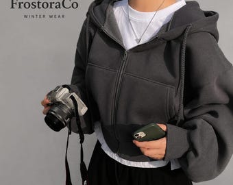 Oversized Damen-Kapuzenpullover mit Reißverschluss, kurze Fleecejacke, Y2K Streetwear