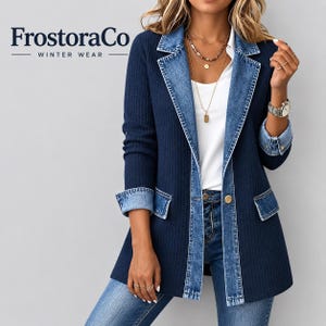 May include: A dark blue textured blazer featuring light blue denim lapels, cuffs, and pocket flaps. The blazer is worn over a white top and blue jeans. The text FrostoraCo WINTER WEAR is visible in the upper left corner of the image.