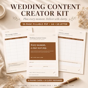 Puede incluir: Un kit de creador de contenido para bodas con un PDF rellenable de 18 páginas en tamaños A4 y US Letter. Los documentos incluyen un cronograma de cobertura, un plan de creación y un rastreador de entregas. Páginas blancas, texto marrón.