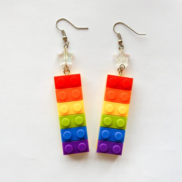 Rainbow Leggo Earrings ( gift, for her, for him, for them, dangle earrings, drop earrings, accessory, nerdy, geeky, colorful, fun jewelry )