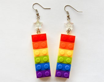 Rainbow Leggo Earrings ( gift, for her, for him, for them, dangle earrings, drop earrings, accessory, nerdy, geeky, colorful, fun jewelry )