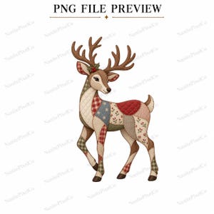 May include: A digital illustration of a standing deer featuring a patchwork quilt design. The deer has brown antlers and a body composed of various fabric patterns including red plaid, blue floral, and green checkered sections.