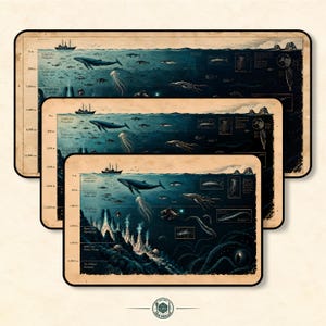 May include: Three rectangular desk mats featuring a vintage-style ocean depth chart. The illustrations depict marine life at various levels, from the sunlight zone to the hadal zone, with depth markers in meters and the text Desk Dweller.