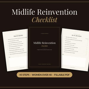 Könnte beinhalten: Eine digitale Checkliste mit dem Titel Midlife Reinvention Checklist mit einem dunkelbraunen Einband und zwei weißen Innenseiten. Die Seiten enthalten Abschnitte für Mind & Identity und Joy & Adventure mit Aufzählungszeichen.