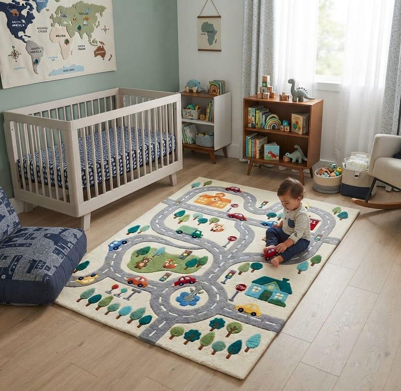 Kids Road Map Play Rug, City Traffic Playmat, Nursery Room Carpet ...