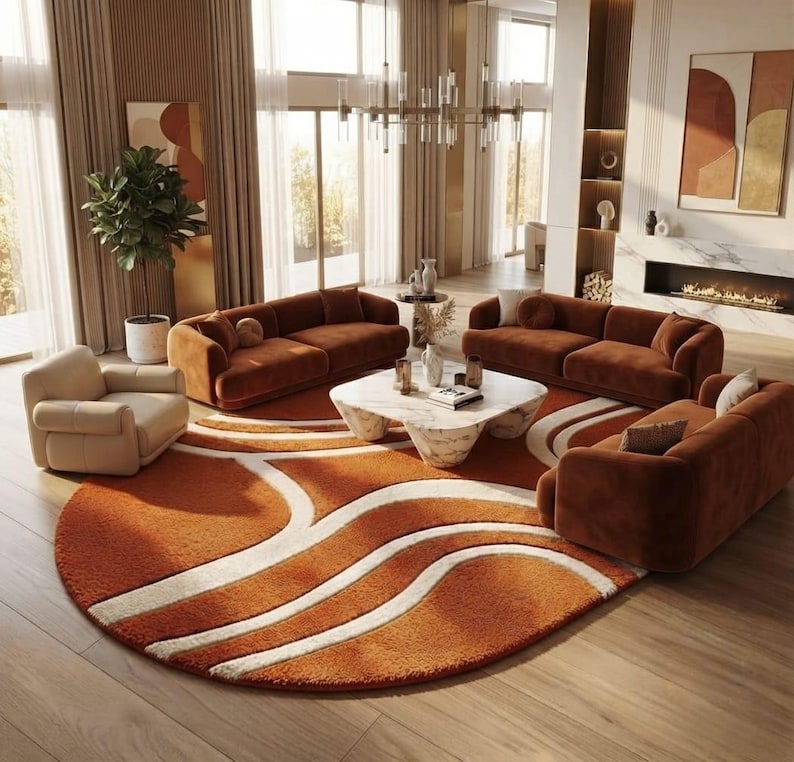 Rust Orange Abstract Oval Rug, Cream Line Tufted Area Rug, Boho Living ...