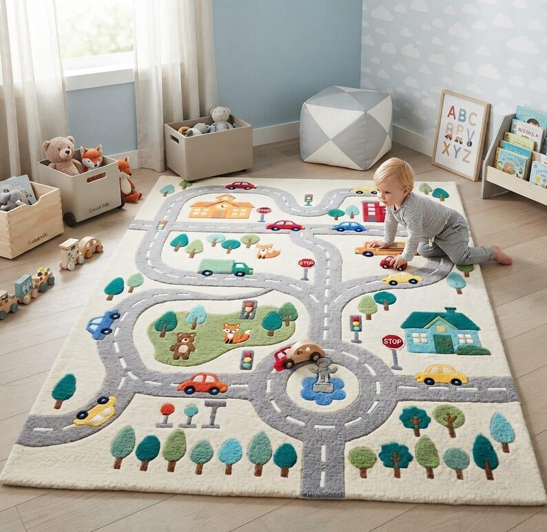 Kids Road Map Play Rug, City Traffic Playmat, Nursery Room Carpet ...