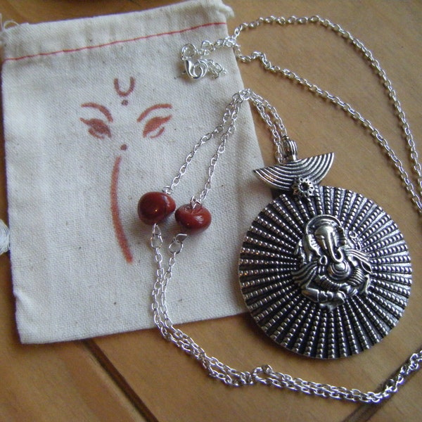 Spiritual Inspirational Healing Necklace Ganesha/Ganesh Red Jasper Chakra Eco Beads Hand Stamped Ganesha Organic Cotton Bag Yoga Meditate