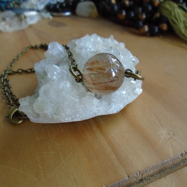 Spiritual Inspirational Healing Beautiful Rutilated Quartz Angel Hair Organic Raw 15mm Spere Bead Necklace Golden Christ Light Reiki Love