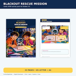Puede incluir: Un paquete de actividades STEM en cómic Blackout Rescue Mission para los grados 3-5. La portada muestra a dos niños y un robot trabajando en circuitos de papel. La página interior muestra una viñeta titulada The City Goes Dark.
