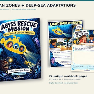 May include: An educational workbook titled Abyss Rescue Mission: Ocean Zones & Deep-Sea Adaptations. The cover features a yellow submarine and deep-sea creatures. Includes 22 pages of illustrated science activities for grades 3-5.