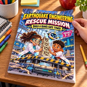 May include: A softcover book titled Earthquake Engineering Rescue Mission Build a Quake-Safe Tower Grades 3-5. The cover features an illustration of two children in lab coats building a tower on a vibrating platform with a small robot.