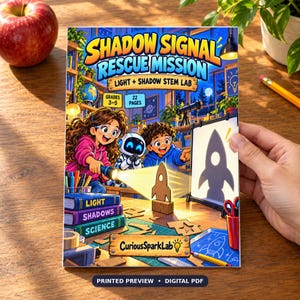 May include: A Shadow Signal Rescue Mission Light + Shadow STEM Lab activity book cover featuring two children using a flashlight to cast a rocket shadow on a screen. The book includes 22 pages for grades 3-5, with text reading CuriousSparkLab.
