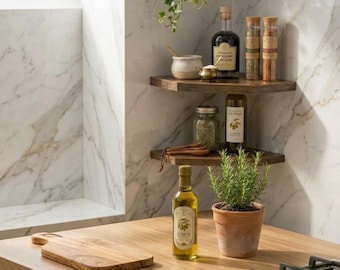 2 Pcs Floating Corner Shelf Set, Real Wood Wall Mounted Corner Shelves, Rustic Home Decor Storage Rack for Kitchen, Living Room & Bathroom