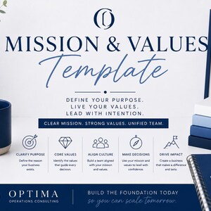 May include: A Mission & Values template document featuring dark blue text and icons. It includes a dark blue mug, a stack of four blue books labeled Purpose, Integrity, Passion, and Impact, and a spiral notebook with a pen on a white surface.