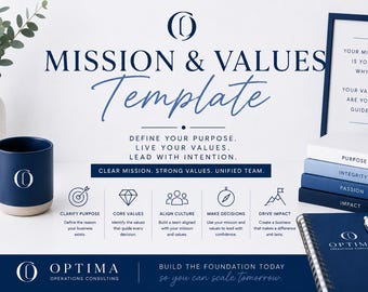May include: A Mission & Values template document featuring dark blue text and icons. It includes a dark blue mug, a stack of four blue books labeled Purpose, Integrity, Passion, and Impact, and a spiral notebook with a pen on a white surface.
