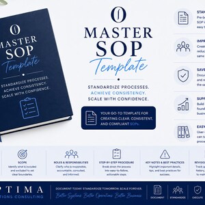 May include: A dark blue notebook with the text MASTER SOP Template and a pen labeled Optima. The layout displays business process documentation features including standardized structure, consistency, growth support, and customization options with icons.