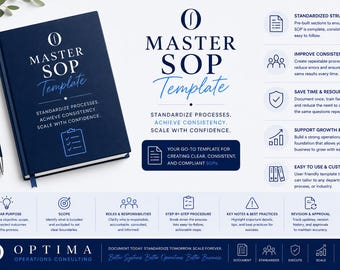 May include: A dark blue notebook with the text MASTER SOP Template and a pen labeled Optima. The layout displays business process documentation features including standardized structure, consistency, growth support, and customization options with icons.