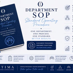 May include: A dark blue notebook titled Department SOP Standard Operating Procedure with a matching pen. The cover features text about consistent processes and team performance. The layout includes icons and text detailing operational goals.