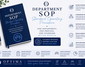 May include: A dark blue notebook titled Department SOP Standard Operating Procedure with a matching pen. The cover features text about consistent processes and team performance. The layout includes icons and text detailing operational goals.